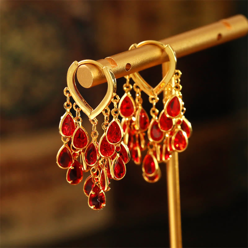 Buddha Stones Pendientes de aro de cobre con borla de gota de agua roja para sanación - Gota de agua (postes de cobre) - image 0