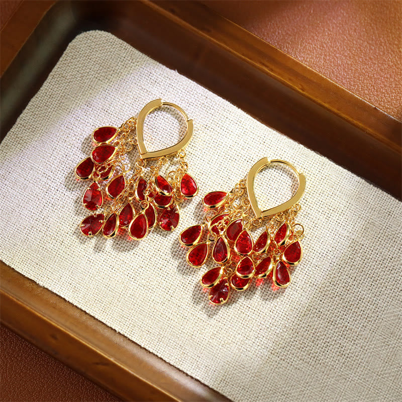 Buddha Stones Pendientes de aro de cobre con borla de gota de agua roja para sanación - image 1