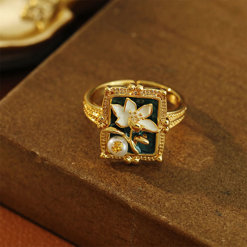 Buddha Stones Pintura al óleo vintage Flor de loto Perla Anillo de la riqueza de cobre - image 1