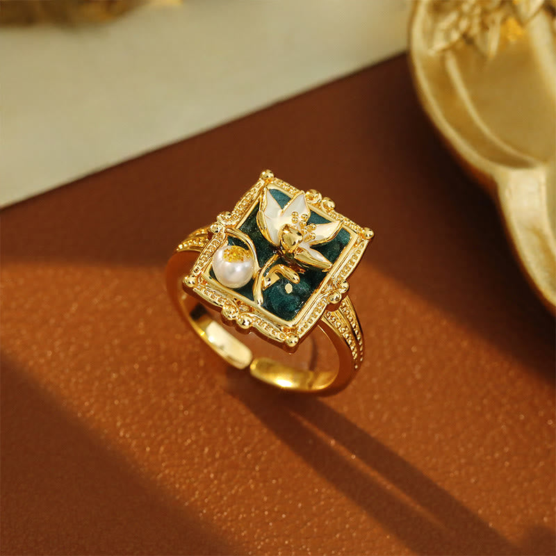 Buddha Stones Pintura al óleo vintage Flor de loto Perla Anillo de la riqueza de cobre - Cobre (diámetro interior del anillo: aproximadamente 17 mm) - image 0