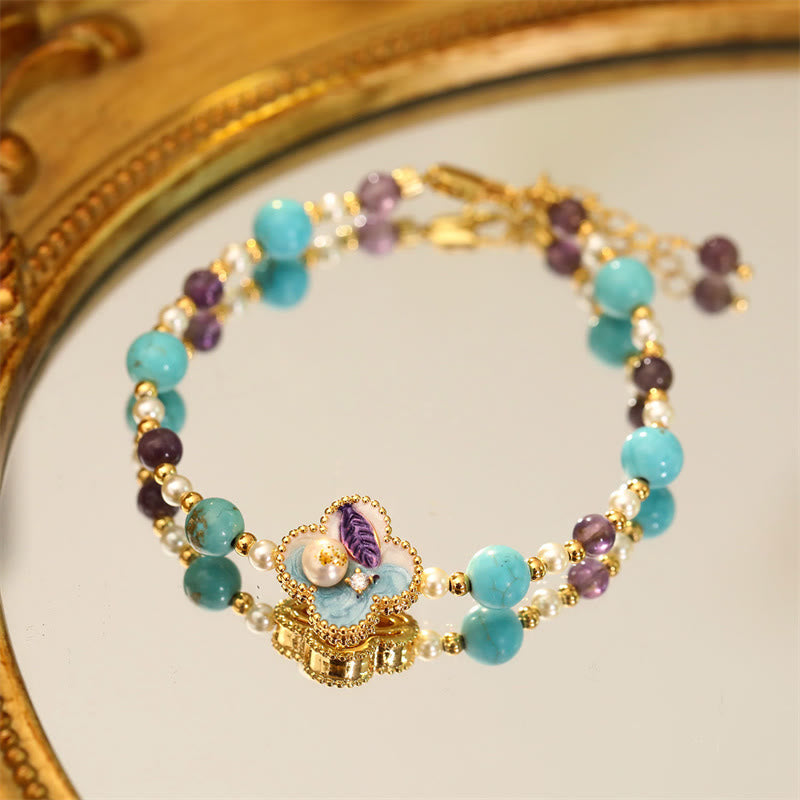 Buddha Stones Pulsera de cadena de la suerte de cobre con diseño floral y cuentas de turquesa y perlas - Cuenta azul (perla natural irregular y única) (circunferencia de la muñeca: 14-16 cm) - image 4
