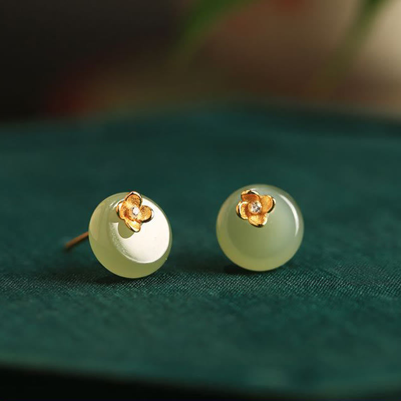 Buddha Stones Pendientes de plata de ley 925 con diseño floral en jade cian y diseño de armonía floral - Jade cian (postes de plata de ley 925) - image 0