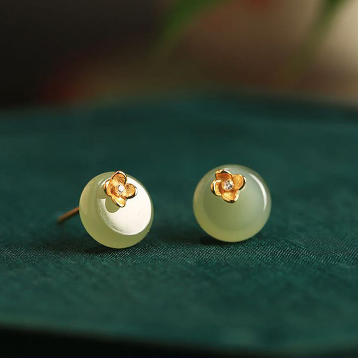 Buddha Stones Pendientes de plata de ley 925 con diseño floral en jade cian y diseño de armonía floral - Jade cian (postes de plata de ley 925) - image 0