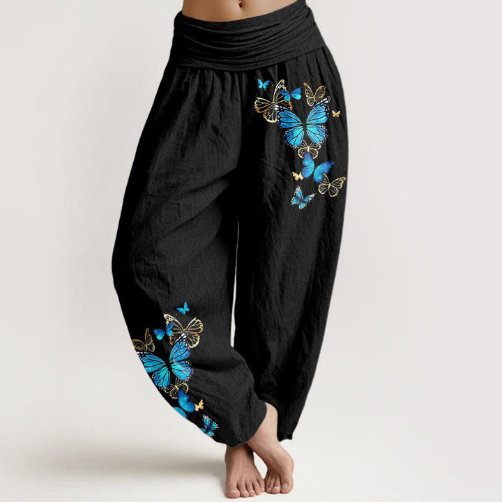 Buddha Stones Pantalones harem de algodón con estampado de mariposas y cintura elástica para mujer. - Negro - US16，UK/AU20，EU48 (3XL) - image 0