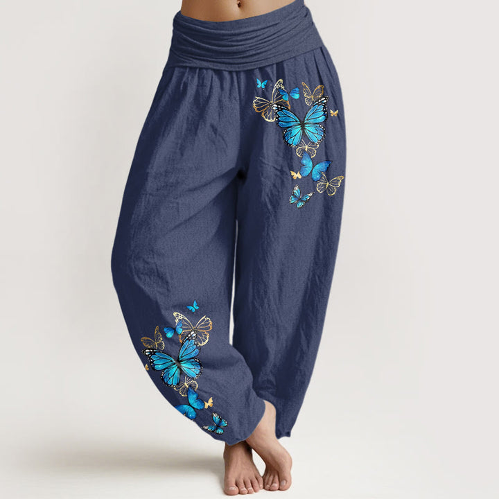 Buddha Stones Pantalones harem de algodón con estampado de mariposas y cintura elástica para mujer. - Azul pizarra oscuro - US16，UK/AU20，EU48 (3XL) - image 5