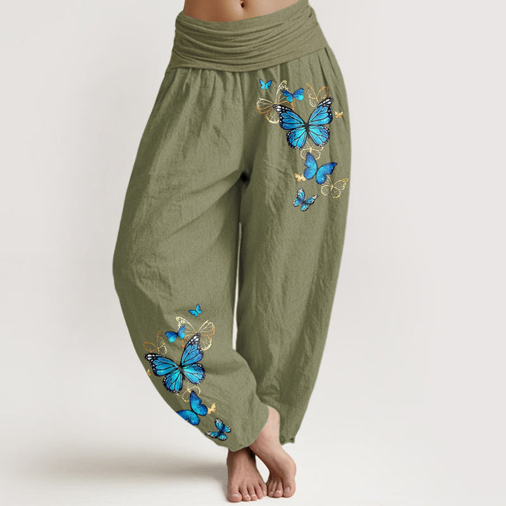 Buddha Stones Pantalones harem de algodón con estampado de mariposas y cintura elástica para mujer. - Verde oliva - US16，UK/AU20，EU48 (3XL) - image 14