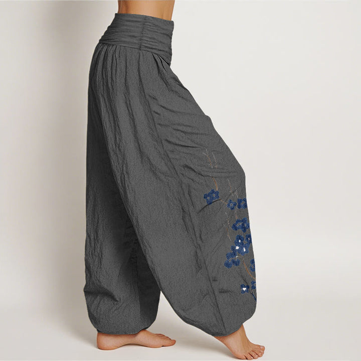 Buddha Stones Pantalones harem de mujer con cintura elástica y estampado caligráfico de Cotton Plum Bossom - image 12