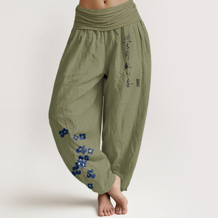 Buddha Stones Pantalones harem de mujer con cintura elástica y estampado caligráfico de Cotton Plum Bossom - Verde oliva - US16，UK/AU20，EU48 (3XL) - image 14