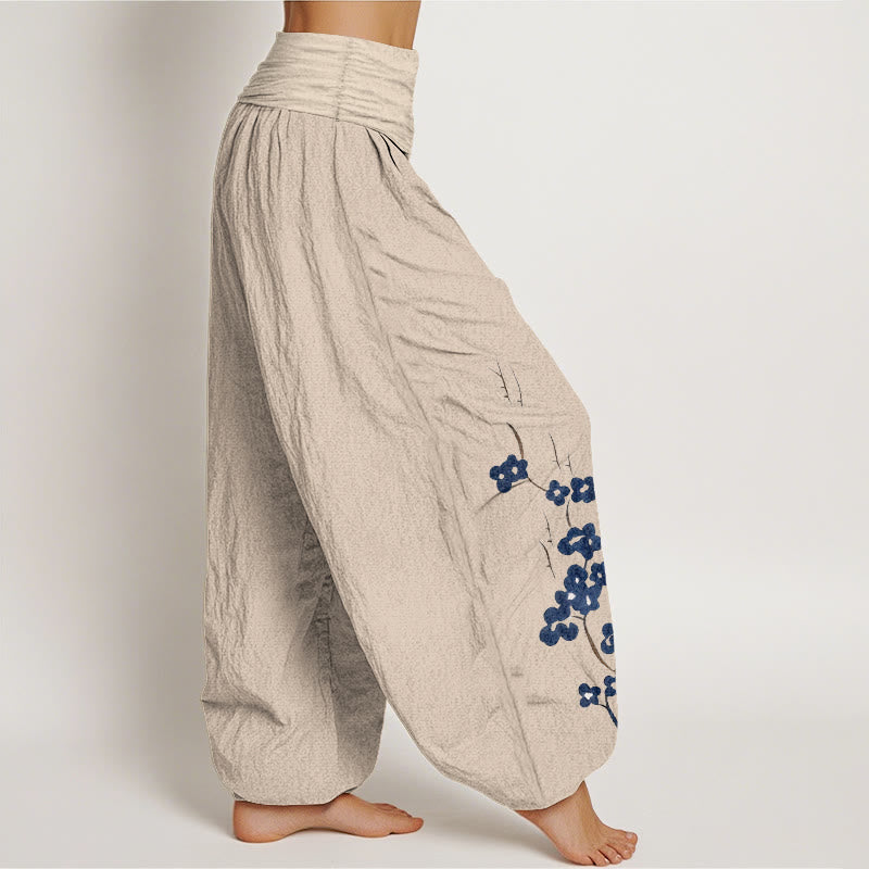 Buddha Stones Pantalones harem de mujer con cintura elástica y estampado caligráfico de Cotton Plum Bossom - image 1