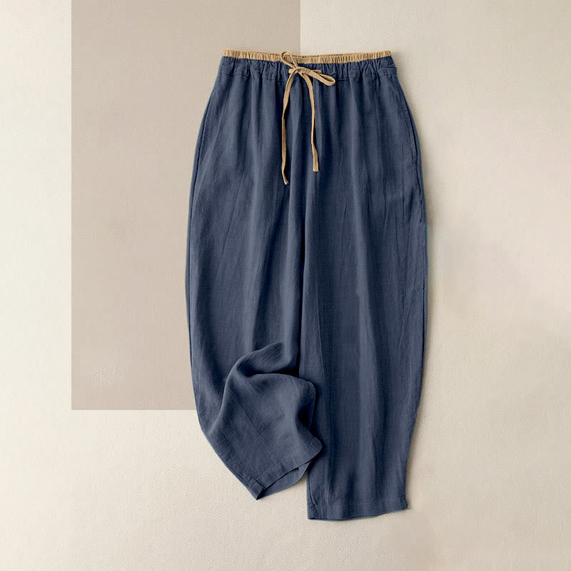 Pantalones casuales de lino y algodón de color liso con cordón para mujer con bolsillos y Buddha Stones - Azul acero - US16，UK/AU20，EU48 (3XL) - image 7