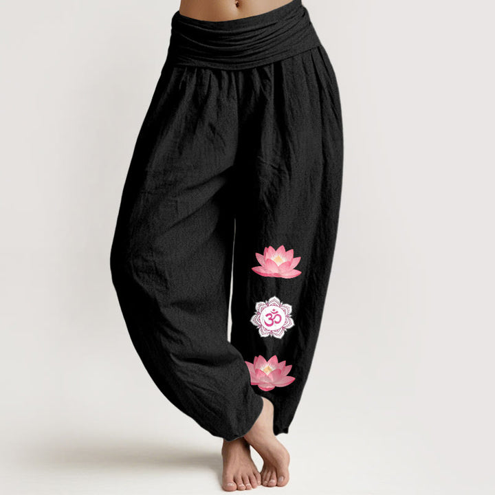 Buddha Stones Pantalones harem de algodón con estampado de flor de loto Om para mujer con cintura elástica. - Negro - US16，UK/AU20，EU48 (3XL) - image 5