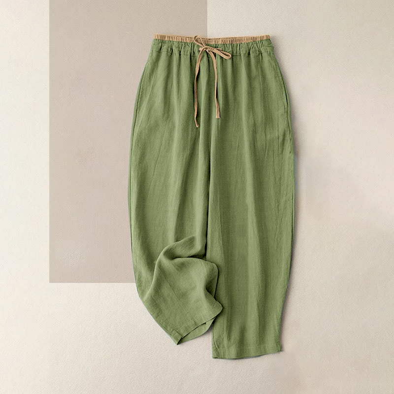 Pantalones casuales de lino y algodón de color liso con cordón para mujer con bolsillos y Buddha Stones - Verde claro - US16，UK/AU20，EU48 (3XL) - image 8