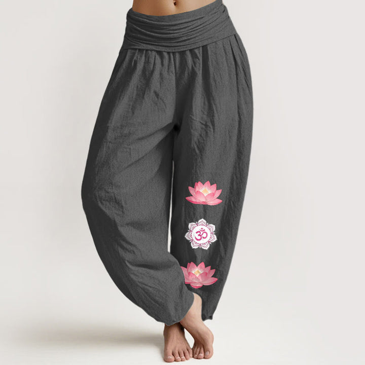 Buddha Stones Pantalones harem de algodón con estampado de flor de loto Om para mujer con cintura elástica. - Gris oscuro - US16，UK/AU20，EU48 (3XL) - image 8
