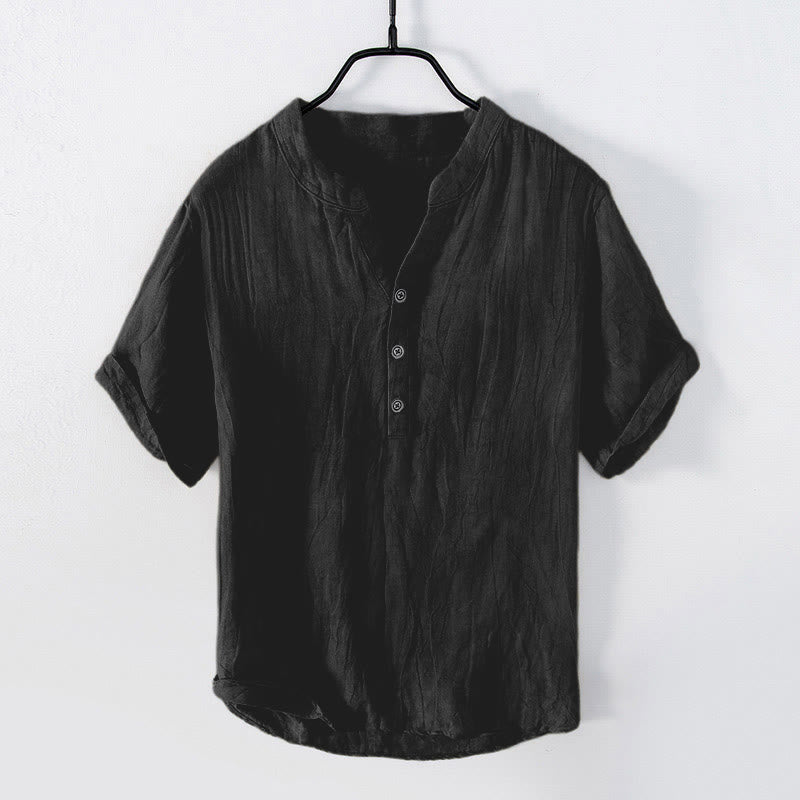 Buddha Stones Color sólido manga corta medio botón camisa lino y algodón hombres ropa - Manga corta - Negro - US/UK/AU50, EU60 (5XL) - image 21