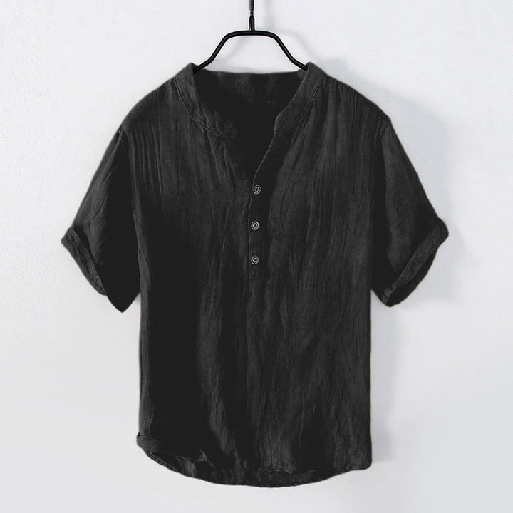 Buddha Stones Color sólido manga corta medio botón camisa lino y algodón hombres ropa - Manga corta - Negro - US/UK/AU50, EU60 (5XL) - image 21