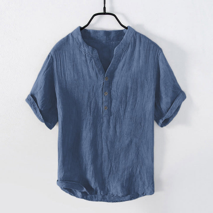 Buddha Stones Color sólido manga corta medio botón camisa lino y algodón hombres ropa - Manga corta - Azul acero - US/UK/AU50, EU60 (5XL) - image 23