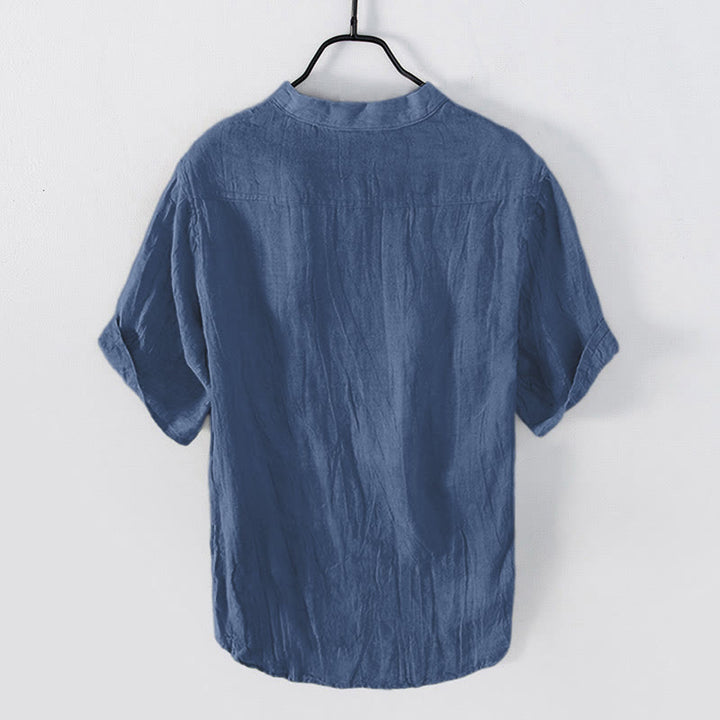 Buddha Stones Color sólido manga corta medio botón camisa lino y algodón hombres ropa - image 24