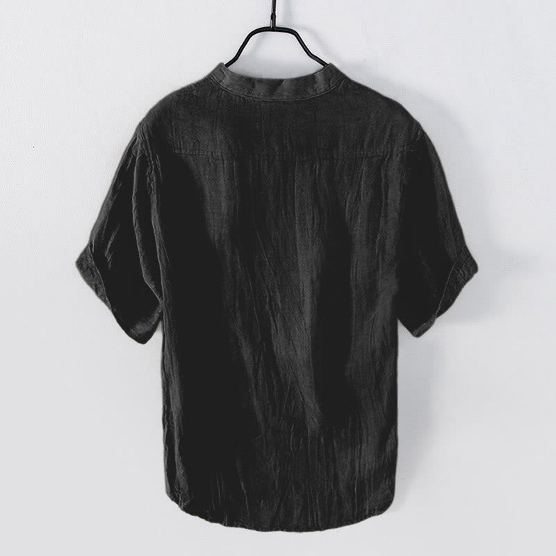 Buddha Stones Color sólido manga corta medio botón camisa lino y algodón hombres ropa - image 22