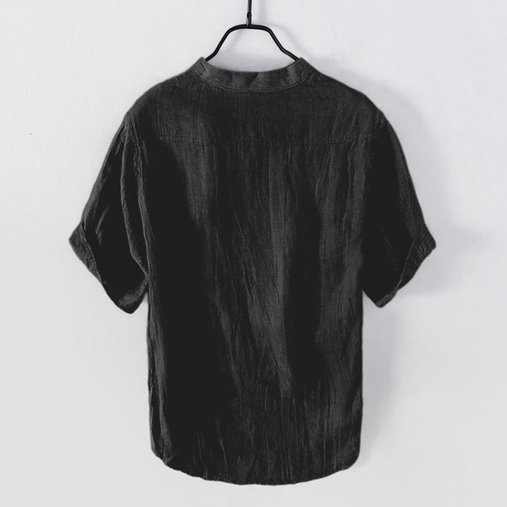 Buddha Stones Color sólido manga corta medio botón camisa lino y algodón hombres ropa - image 22
