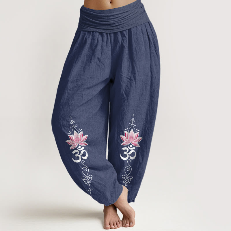 Buddha Stones Pantalones harem de algodón con diseño OM sánscrito y estampado de flor de loto para mujer, con cintura elástica. - Azul pizarra oscuro - US16，UK/AU20，EU48 (3XL) - image 8
