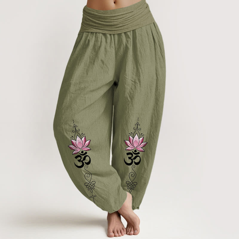 Buddha Stones Pantalones harem de algodón con diseño OM sánscrito y estampado de flor de loto para mujer, con cintura elástica. - Verde oliva - US16，UK/AU20，EU48 (3XL) - image 0