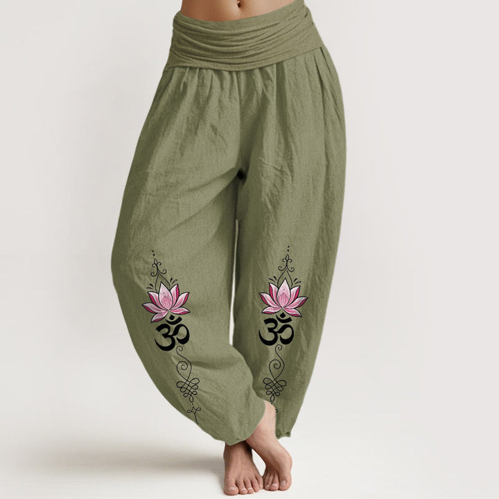 Buddha Stones Pantalones harem de algodón con diseño OM sánscrito y estampado de flor de loto para mujer, con cintura elástica. - Verde oliva - US16，UK/AU20，EU48 (3XL) - image 0