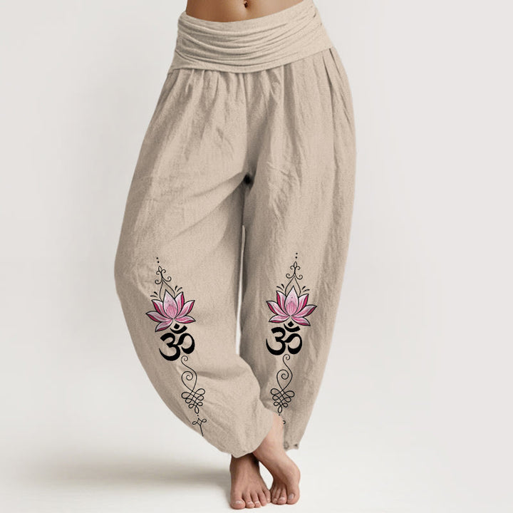 Buddha Stones Pantalones harem de algodón con diseño OM sánscrito y estampado de flor de loto para mujer, con cintura elástica. - Broncearse - US16，UK/AU20，EU48 (3XL) - image 14