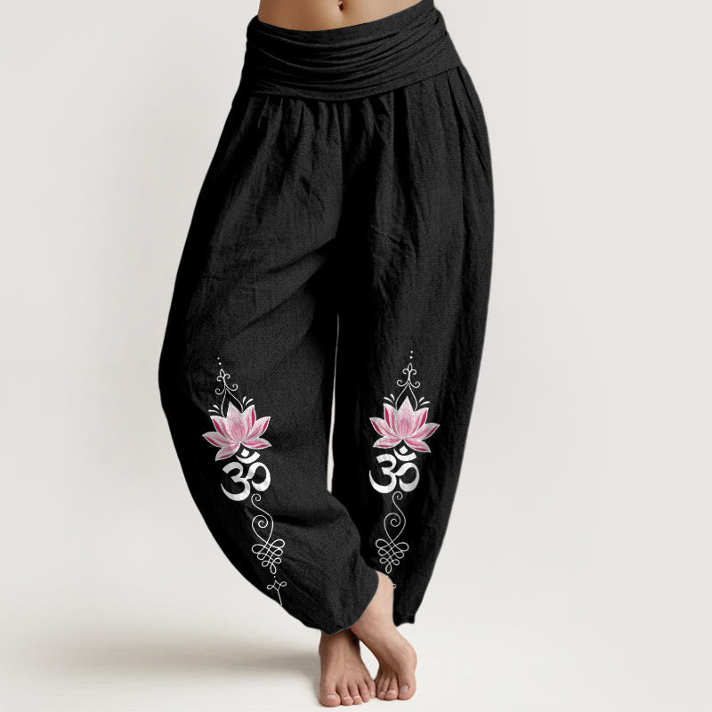 Buddha Stones Pantalones harem de algodón con diseño OM sánscrito y estampado de flor de loto para mujer, con cintura elástica. - Negro - US16，UK/AU20，EU48 (3XL) - image 5