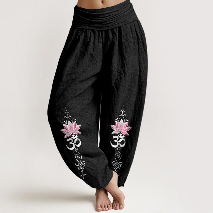 Buddha Stones Pantalones harem de algodón con diseño OM sánscrito y estampado de flor de loto para mujer, con cintura elástica. - Negro - US16，UK/AU20，EU48 (3XL) - image 5