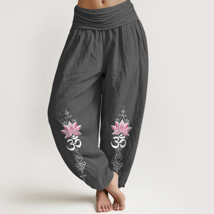 Buddha Stones Pantalones harem de algodón con diseño OM sánscrito y estampado de flor de loto para mujer, con cintura elástica. - Gris oscuro - US16，UK/AU20，EU48 (3XL) - image 11