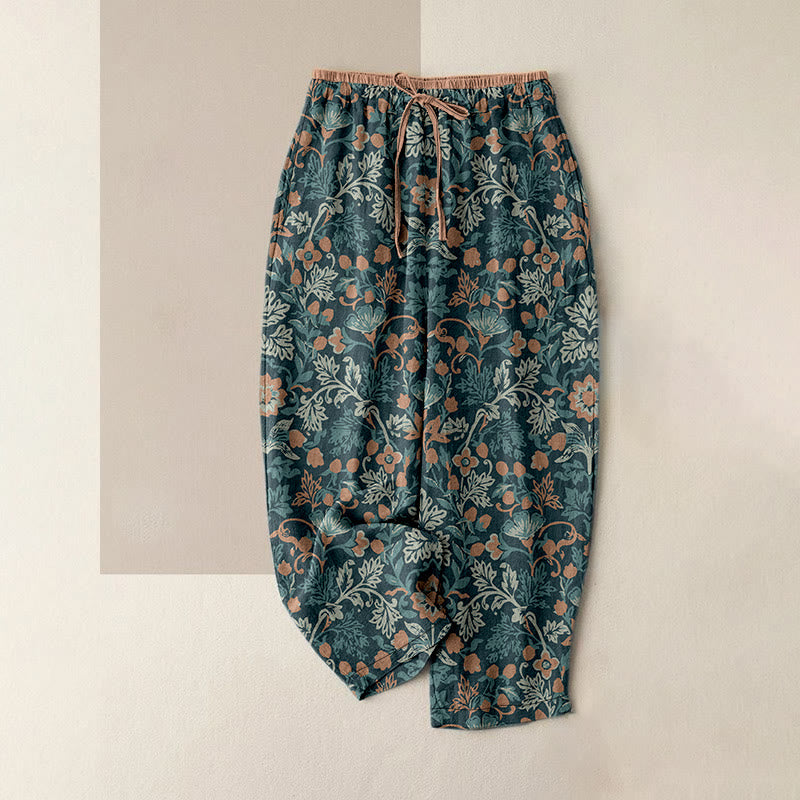 Buddha Stones Pantalones casuales de algodón para mujer con estampado de flores y hojas de vid, cintura elástica y bolsillos. - Azul cadete - US16，UK/AU20，EU48 (3XL) - image 0