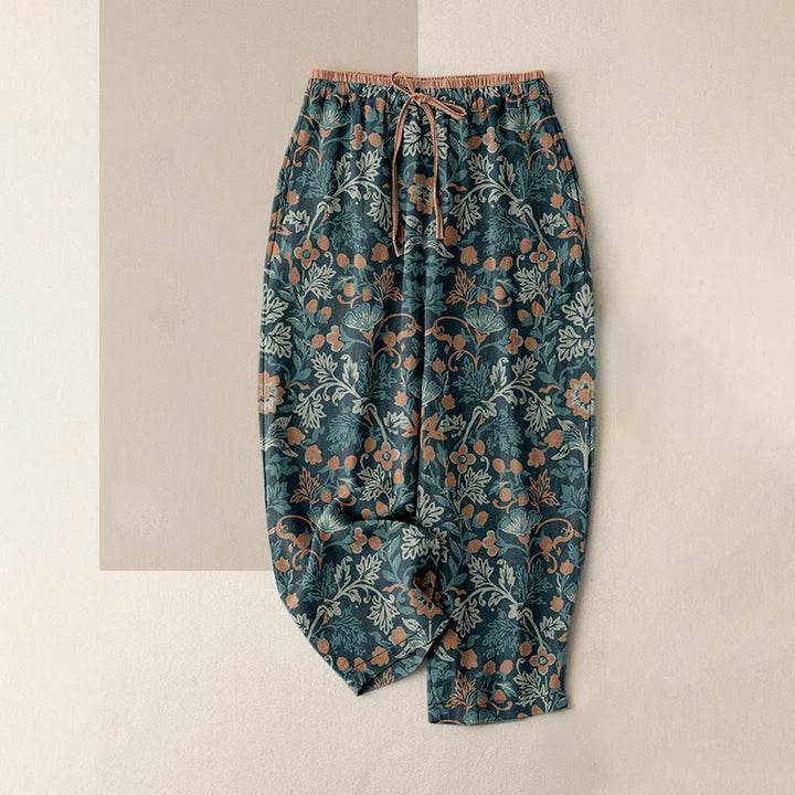 Buddha Stones Pantalones casuales de algodón para mujer con estampado de flores y hojas de vid, cintura elástica y bolsillos. - Azul cadete - US16，UK/AU20，EU48 (3XL) - image 0