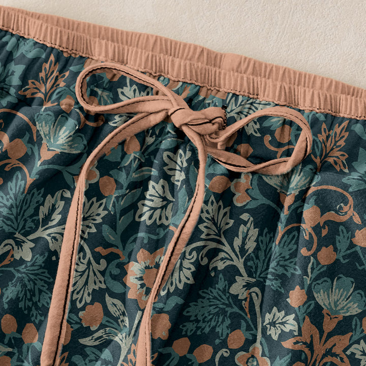 Buddha Stones Pantalones casuales de algodón para mujer con estampado de flores y hojas de vid, cintura elástica y bolsillos. - image 1