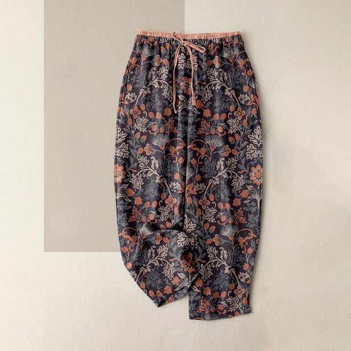 Buddha Stones Pantalones casuales de algodón para mujer con estampado de flores y hojas de vid, cintura elástica y bolsillos. - Marrón rosado - US16，UK/AU20，EU48 (3XL) - image 4
