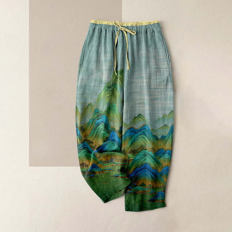 Buddha Stones Pantalones de mujer de algodón puro con estampado de paisaje natural, cintura elástica y bolsillos. - Turquesa pálido - US16，UK/AU20，EU48 (3XL) - image 0