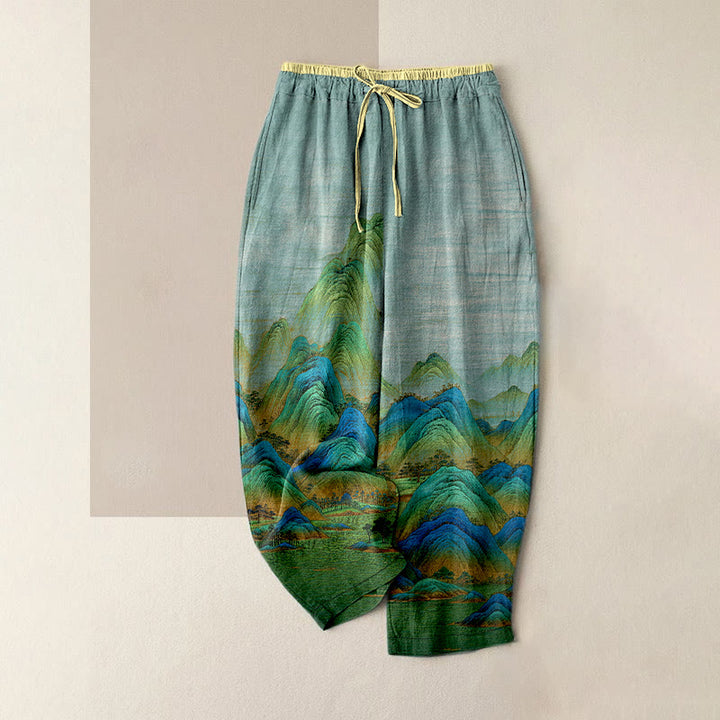 Buddha Stones Pantalones de mujer de algodón puro con estampado de paisaje natural, cintura elástica y bolsillos. - Turquesa pálido - US16，UK/AU20，EU48 (3XL) - image 0