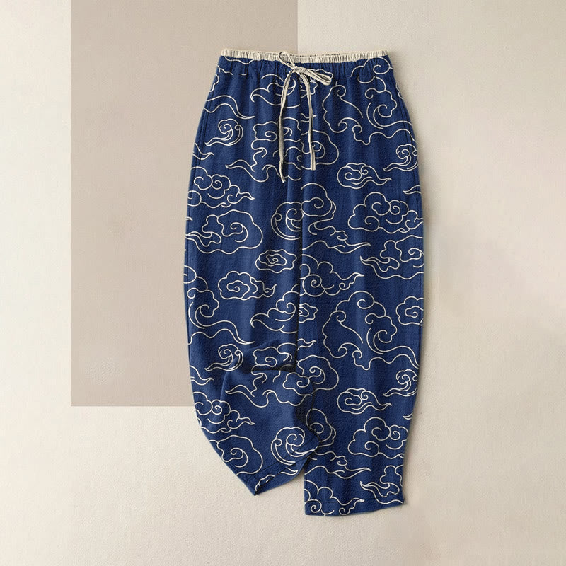 Buddha Stones Pantalones casuales de algodón puro con estampado de nubes auspiciosas para mujer, cintura elástica y bolsillos. - Azul medianoche - US16，UK/AU20，EU48 (3XL) - image 0