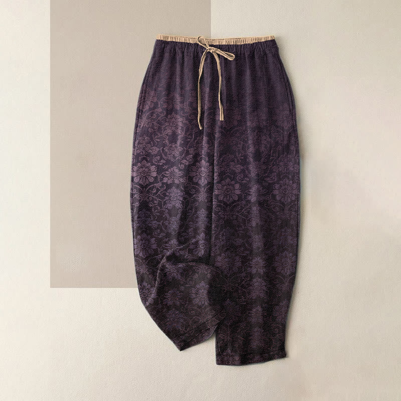 Buddha Stones Pantalones de mujer de algodón puro con estampado floral decorativo retro, cintura elástica y bolsillos. - Púrpura - US16，UK/AU20，EU48 (3XL) - image 4