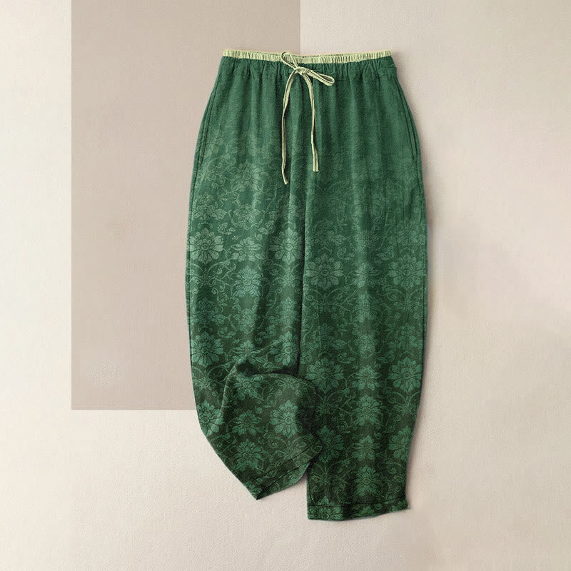 Buddha Stones Pantalones de mujer de algodón puro con estampado floral decorativo retro, cintura elástica y bolsillos. - Verdemar - US16，UK/AU20，EU48 (3XL) - image 5