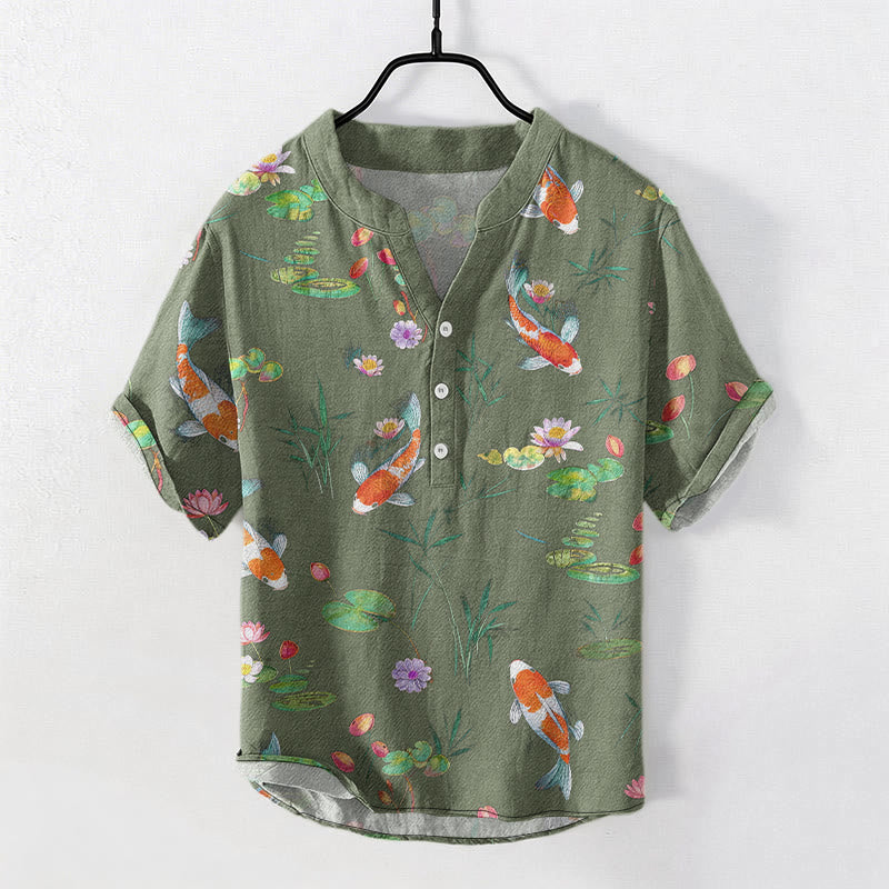 Buddha Stones Camisa de manga corta con medio botón para hombre, de algodón, con estampado de peces koi y loto. - Verde mar oscuro - US/UK/AU50, EU60 (5XL) - image 6