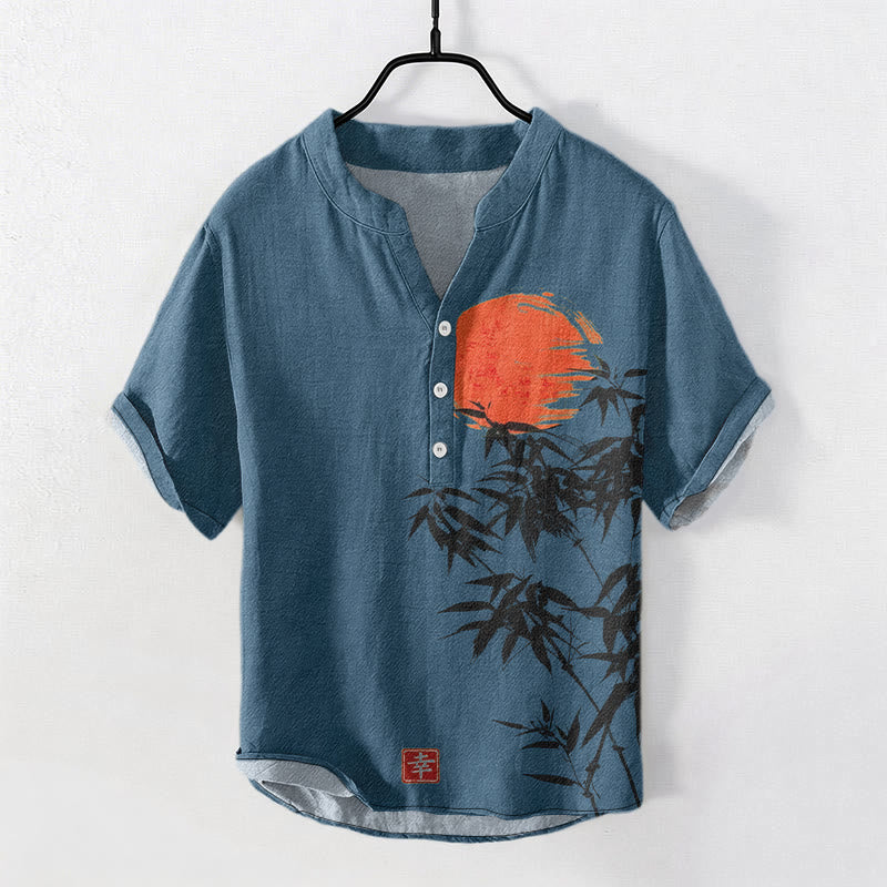Buddha Stones Camisa de manga corta con medio botón para hombre, de algodón, con estampado sencillo de bambú y sol rojo. - Azul acero - US/UK/AU50, EU60 (5XL) - image 6