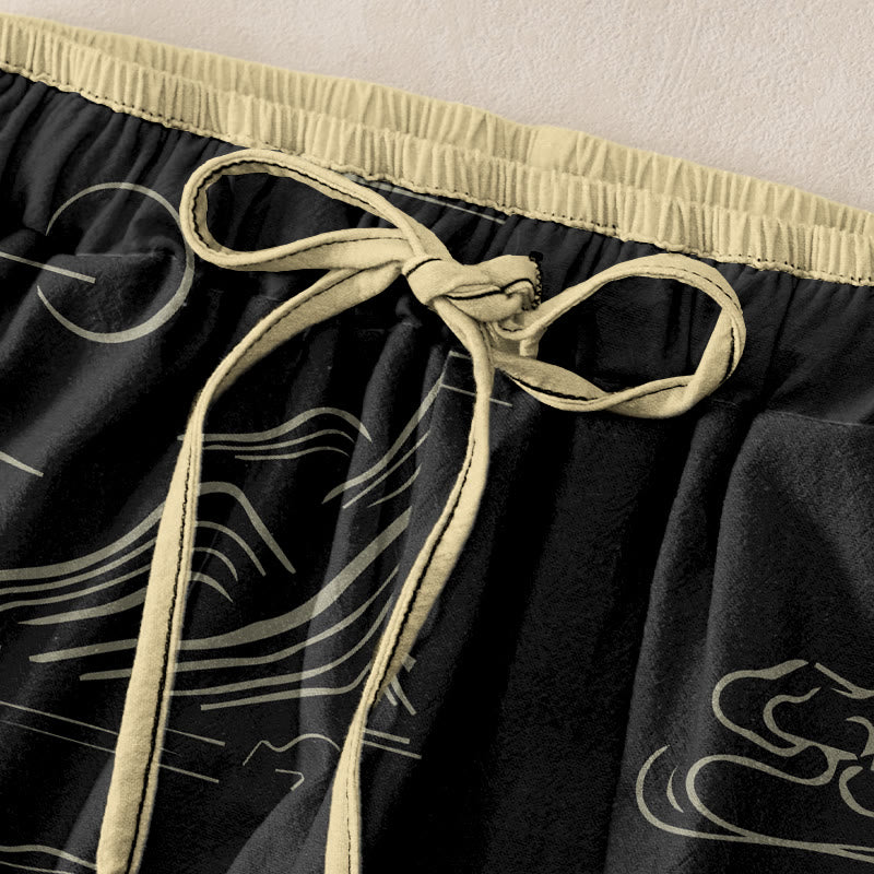 Buddha Stones Pantalones de mujer de algodón con estampado de nubes auspiciosas, estilo casual, con cintura elástica y bolsillos. - image 1