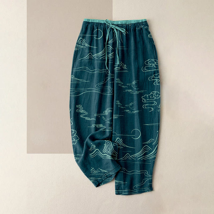 Buddha Stones Pantalones de mujer de algodón con estampado de nubes auspiciosas, estilo casual, con cintura elástica y bolsillos. - cian oscuro - US16，UK/AU20，EU48 (3XL) - image 4