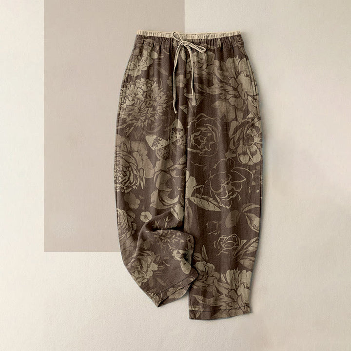 Buddha Stones Pantalones casuales de algodón para mujer con estampado de peonías, hojas y cintura elástica, con bolsillos. - Broncearse - US16，UK/AU20，EU48 (3XL) - image 4