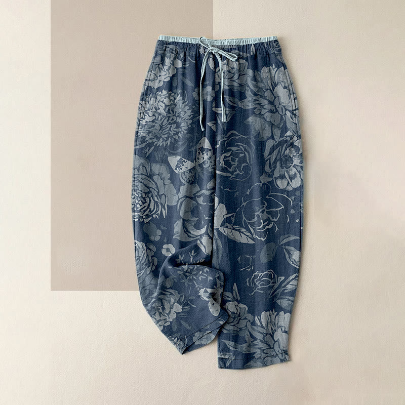 Buddha Stones Pantalones casuales de algodón para mujer con estampado de peonías, hojas y cintura elástica, con bolsillos. - Celeste - US16，UK/AU20，EU48 (3XL) - image 5