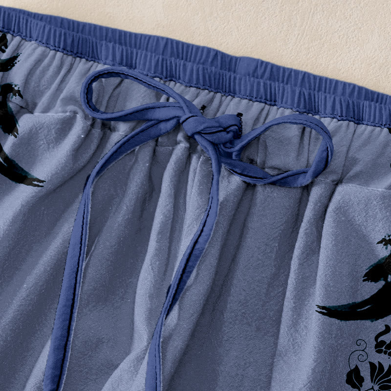 Buddha Stones Pantalones casuales de algodón para mujer con estampado de rueda de loto Dharma OM, cintura elástica y bolsillos. - image 1