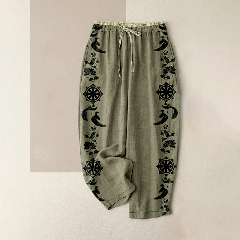 Buddha Stones Pantalones casuales de algodón para mujer con estampado de rueda de loto Dharma OM, cintura elástica y bolsillos. - Caqui oscuro - US16，UK/AU20，EU48 (3XL) - image 4
