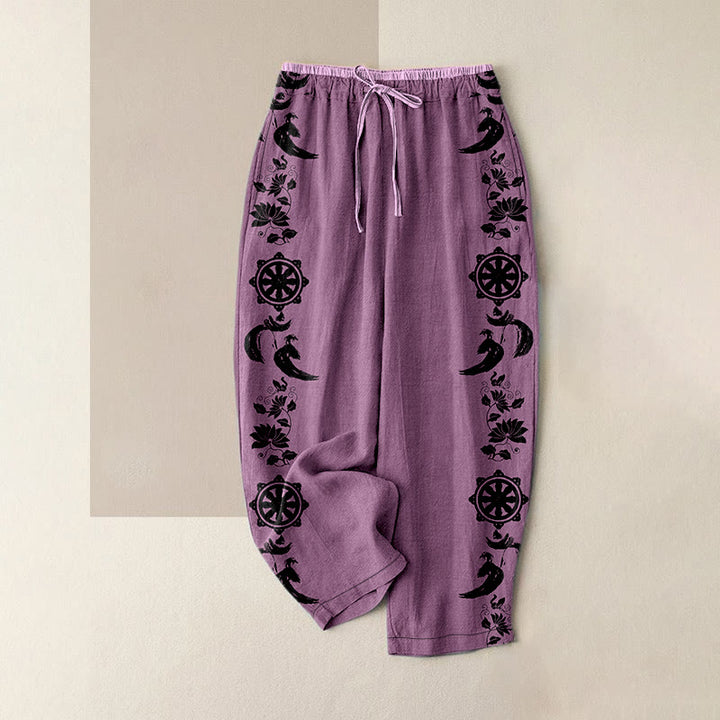 Buddha Stones Pantalones casuales de algodón para mujer con estampado de rueda de loto Dharma OM, cintura elástica y bolsillos. - Ciruela - US16，UK/AU20，EU48 (3XL) - image 5