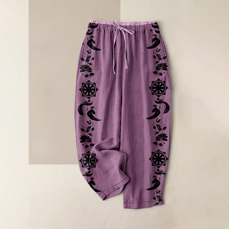 Buddha Stones Pantalones casuales de algodón para mujer con estampado de rueda de loto Dharma OM, cintura elástica y bolsillos. - Ciruela - US16，UK/AU20，EU48 (3XL) - image 5
