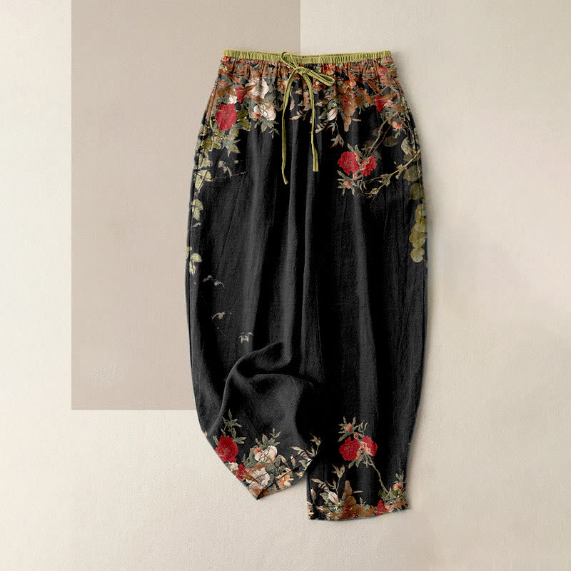 Buddha Stones Pantalones casuales de algodón para mujer con diseño de enredadera de peonía roja y cintura elástica con bolsillos. - Negro - US16，UK/AU20，EU48 (3XL) - image 0